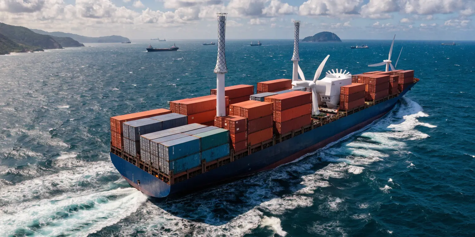 cargo ship transporting renewable energy equipment and containers across ocean shipping route