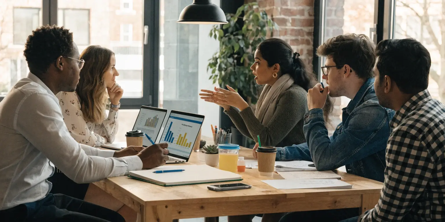 business team meeting discussing solar project data charts planning procurement strategy