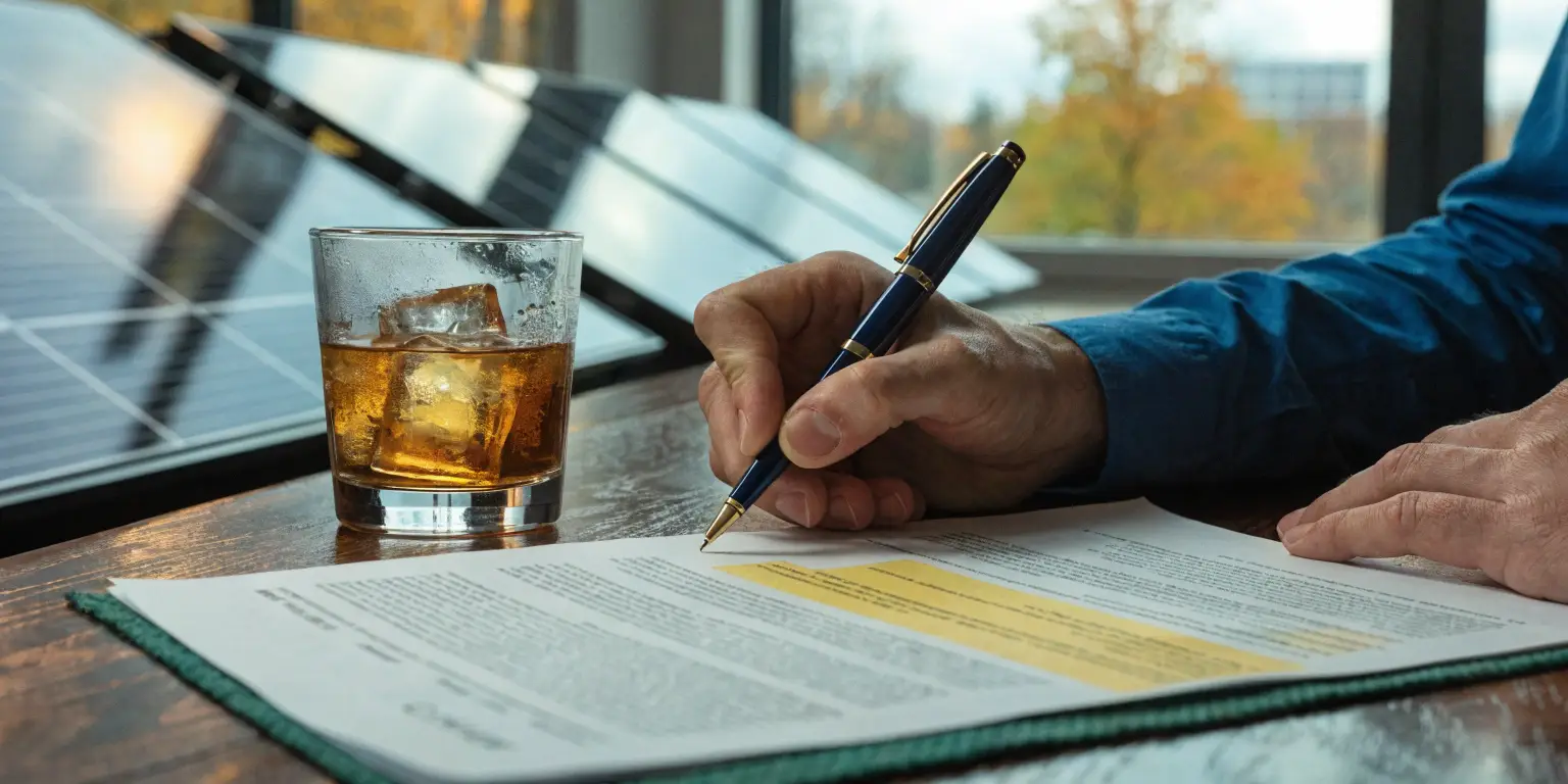 Hand signing solar contract beside drink and rooftop panels