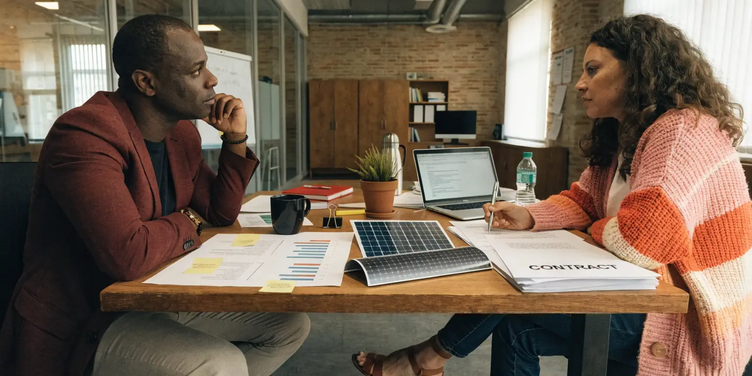solar contract negotiation meeting discussing pricing terms and procurement strategy
