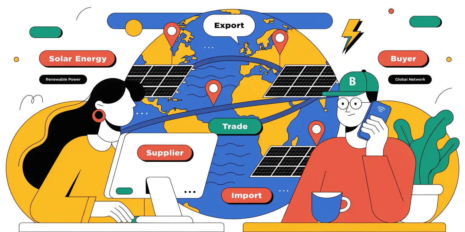 Illustration of solar energy export and import trade between supplier and buyer