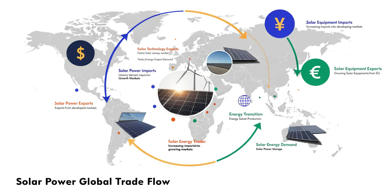solar global trade flow map showing import export routes and market connections