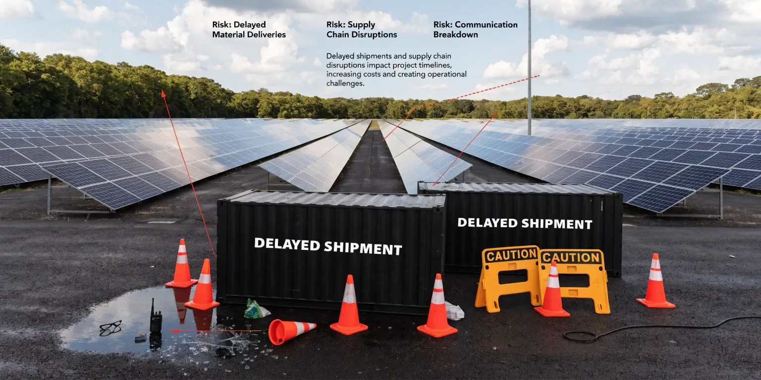 Solar farm with delayed shipments highlighting supply chain disruption risks