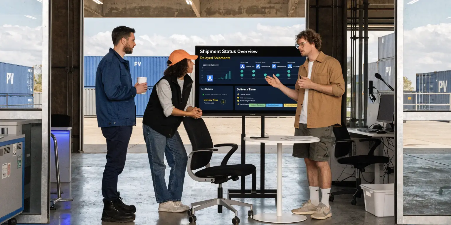 solar logistics team reviewing shipment status delays in PV container yard warehouse