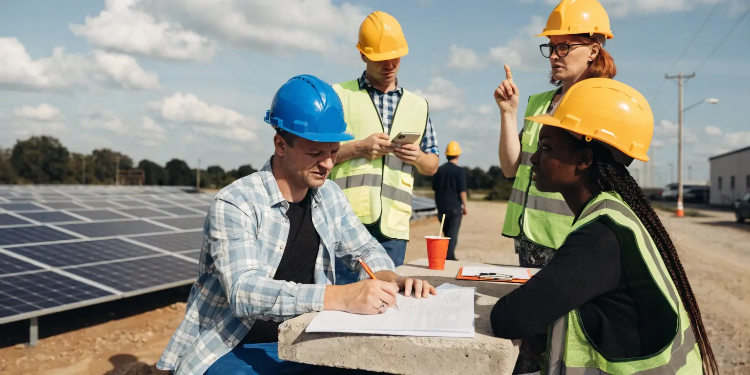 Project team reviewing plans at solar farm construction site