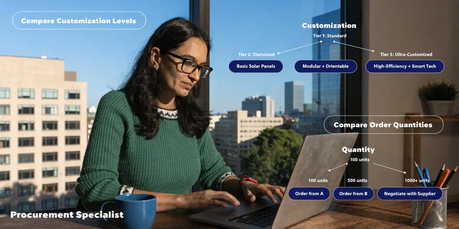 Procurement specialist comparing solar panel tier customization and order quantities on laptop