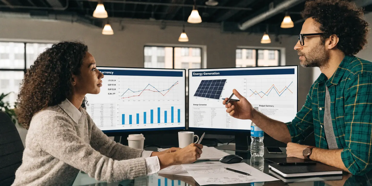 solar procurement analysis meeting reviewing energy data charts and cost trends