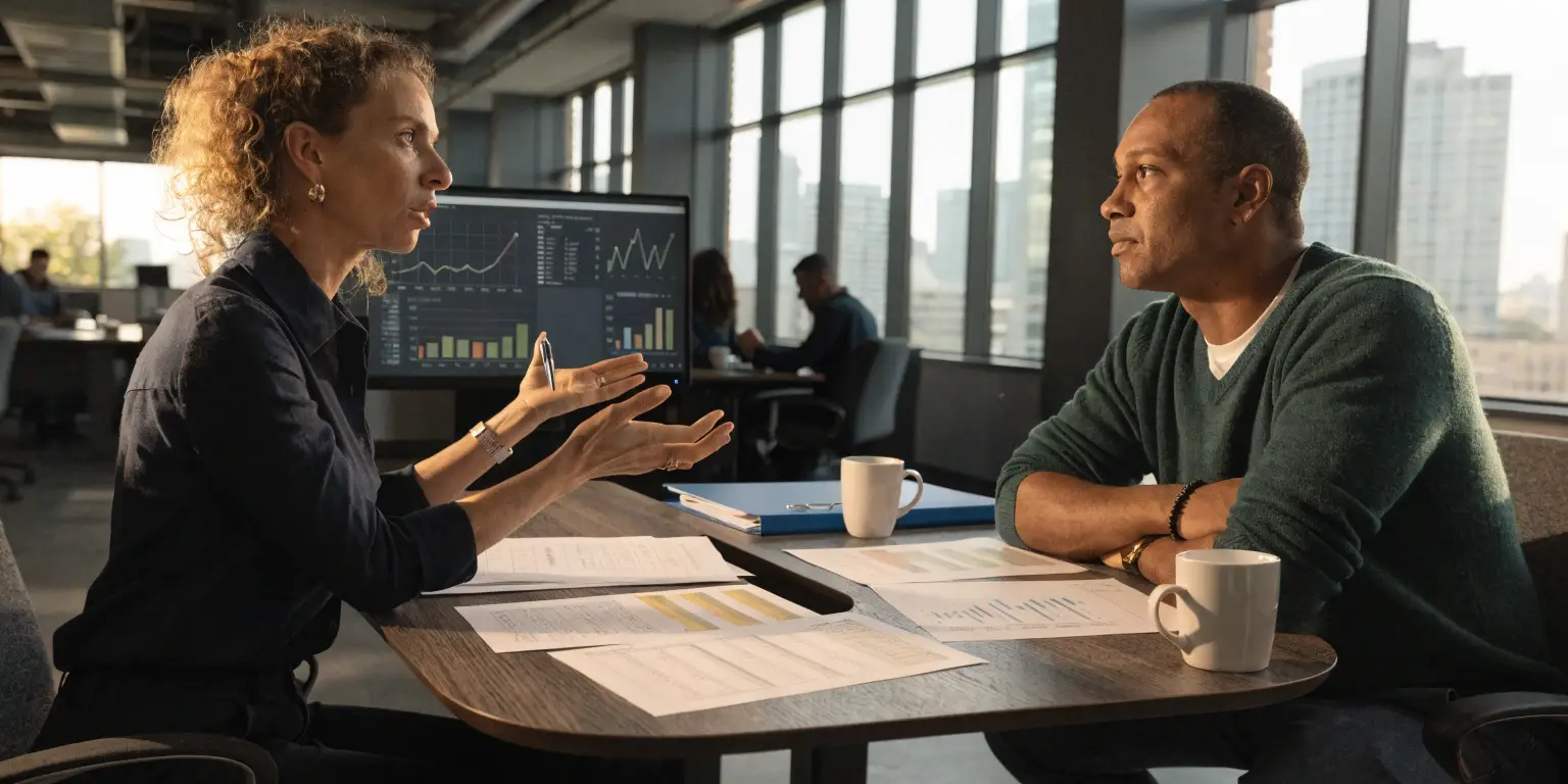 business professionals discussing solar energy project data and financial charts in modern office