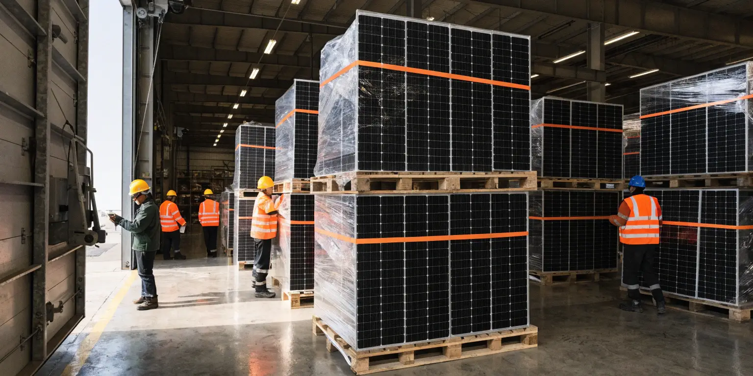 Warehouse workers handling palletized solar panels for export logistics