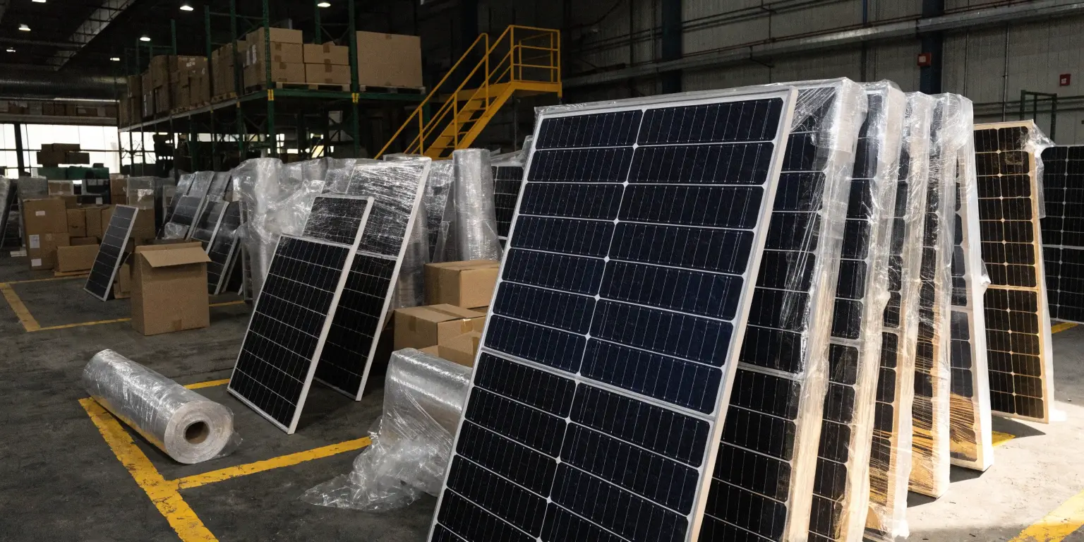 Stacked and wrapped solar panels in warehouse with boxes and pallets