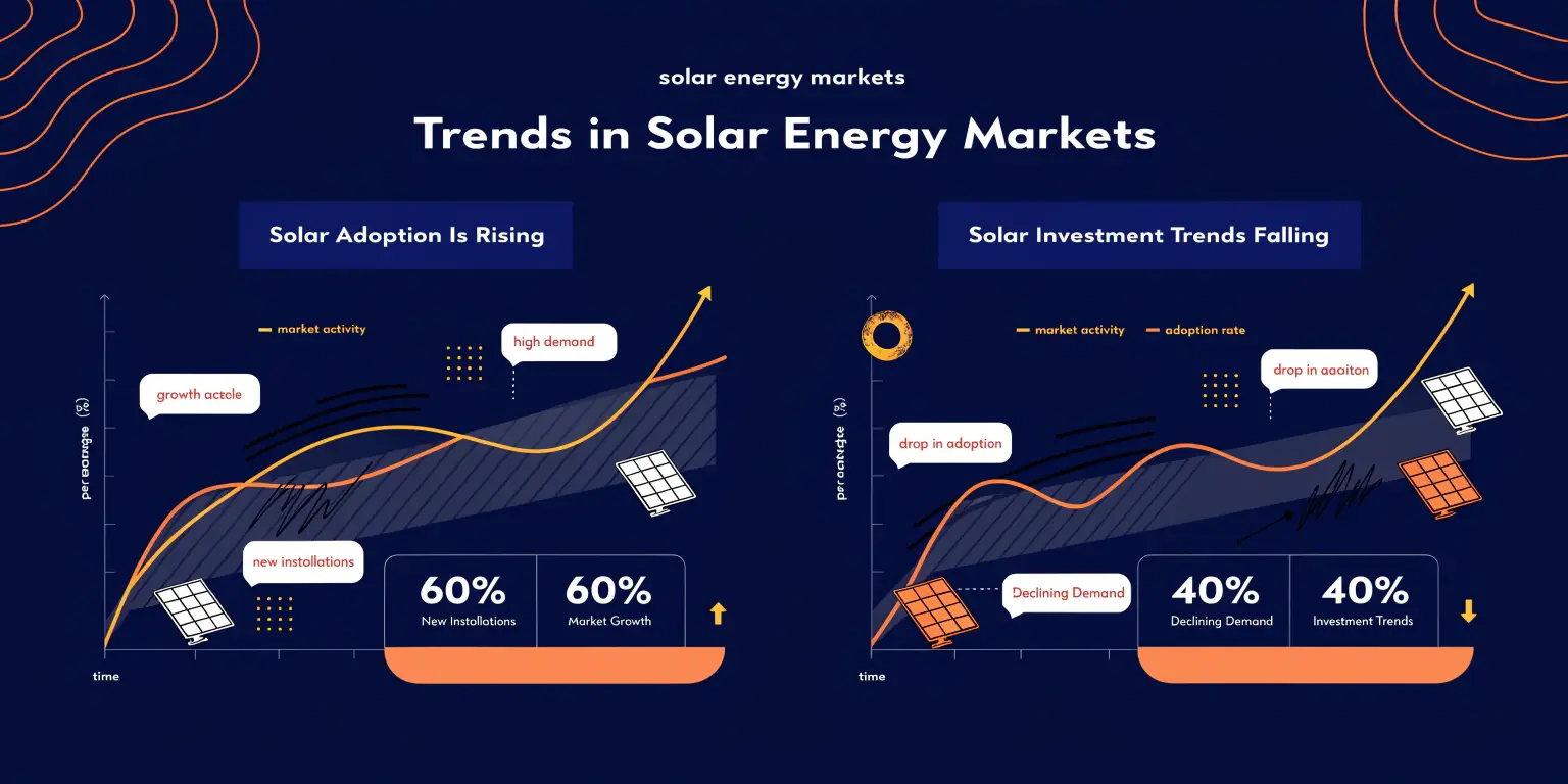 solar market trends chart showing adoption growth and investment decline comparison