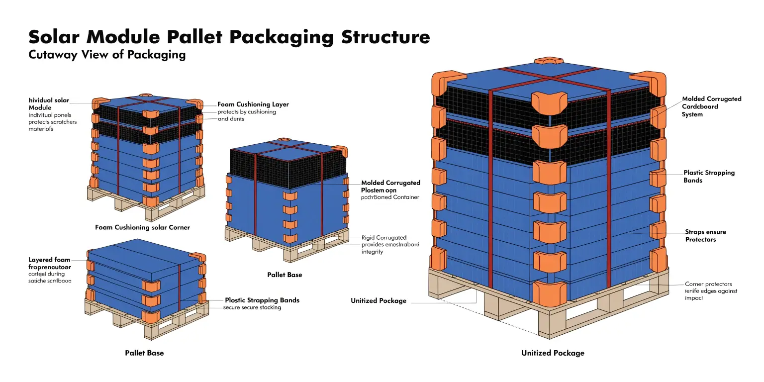 diagram showing solar module pallet packaging structure with corner protectors foam layers and straps