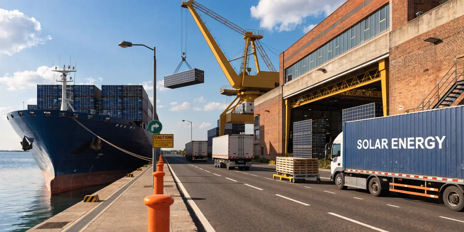 Cargo ship, warehouse crane, and solar energy trucks loading solar panels at port