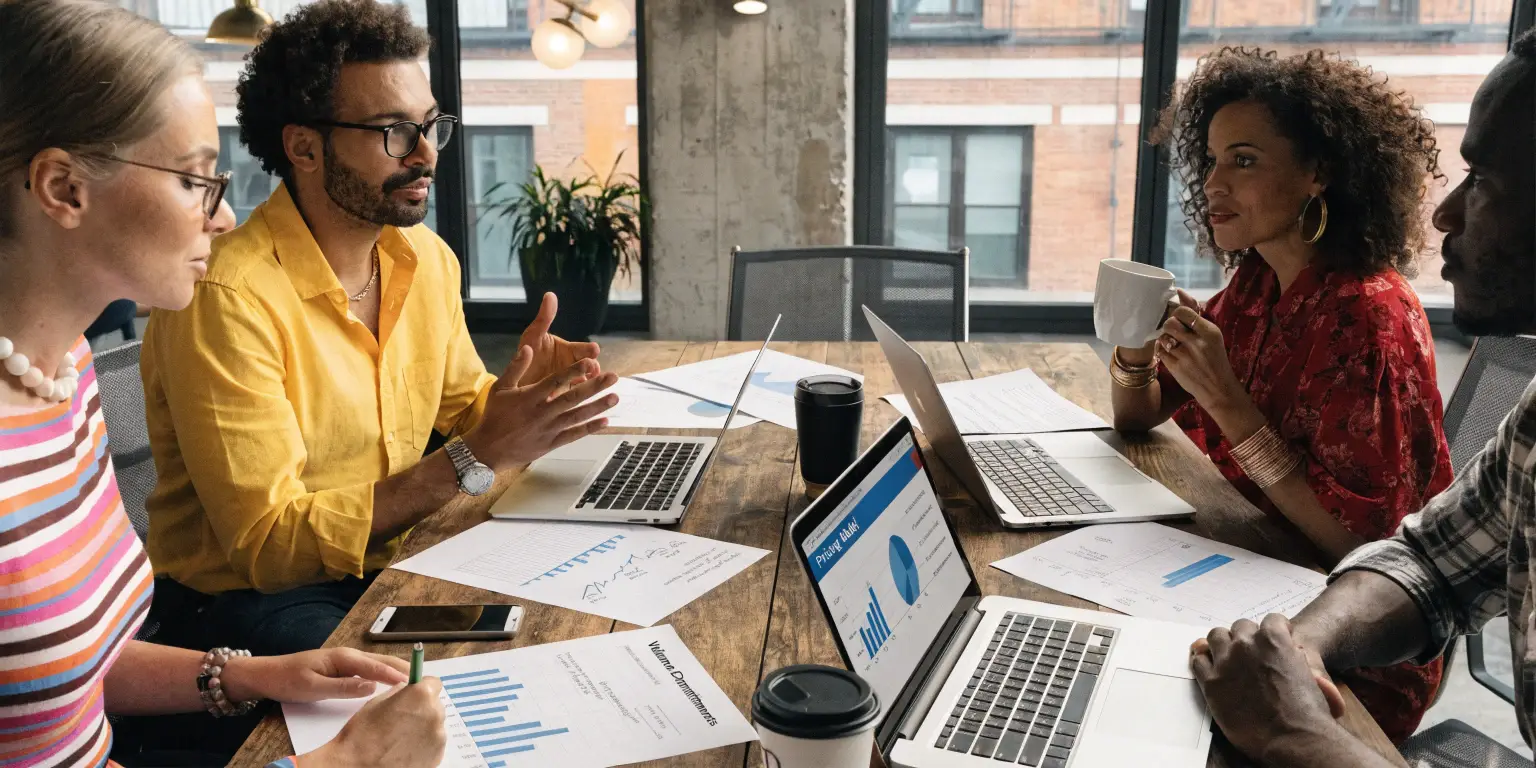 Diverse business team discussing charts around laptops in modern office
