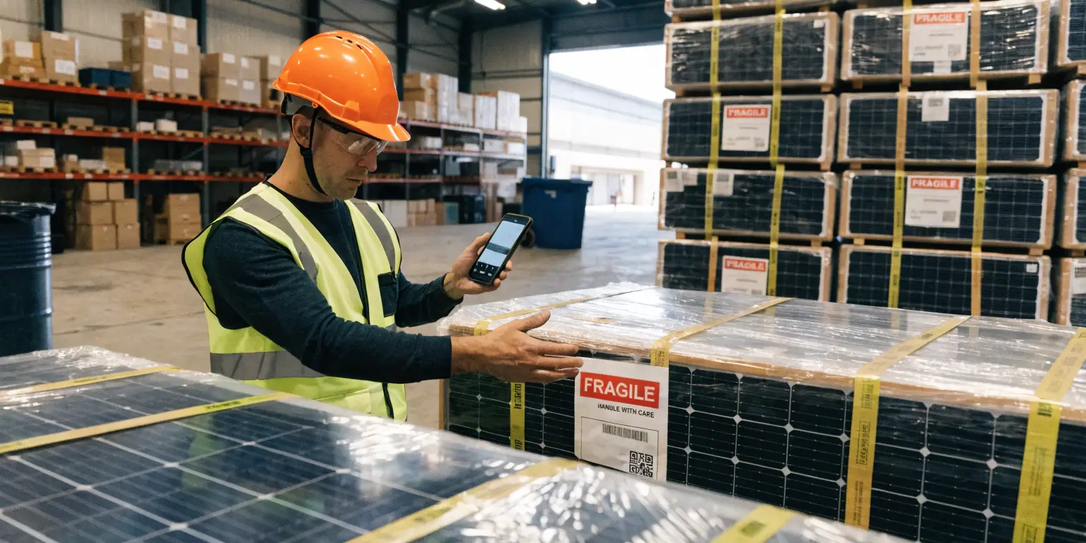 Worker scanning fragile solar panel pallets in warehouse inventory check