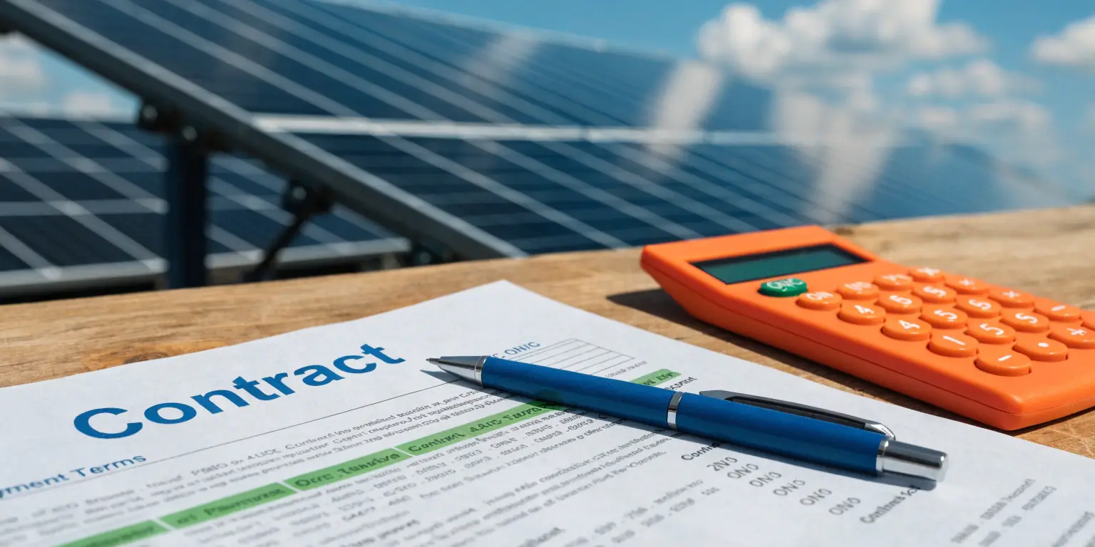 solar contract pricing terms with calculator and panel background