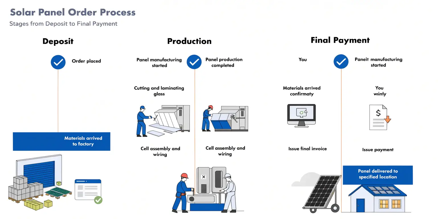 Solar panel order process infographic from deposit to final payment