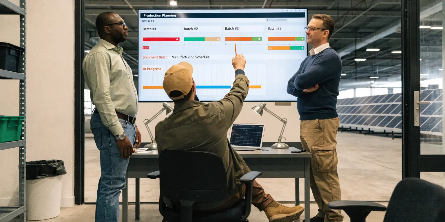 team reviewing solar panel production planning dashboard and manufacturing schedule