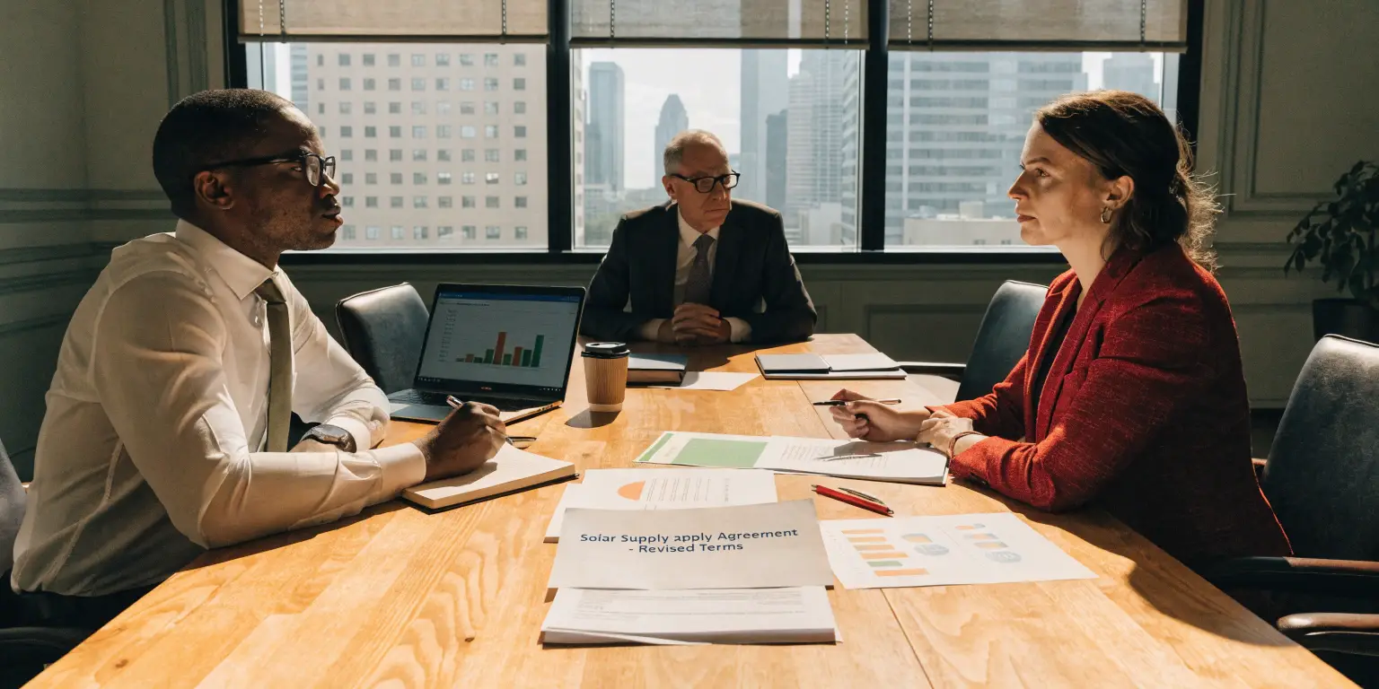 Business executives in meeting reviewing energy project charts and reports