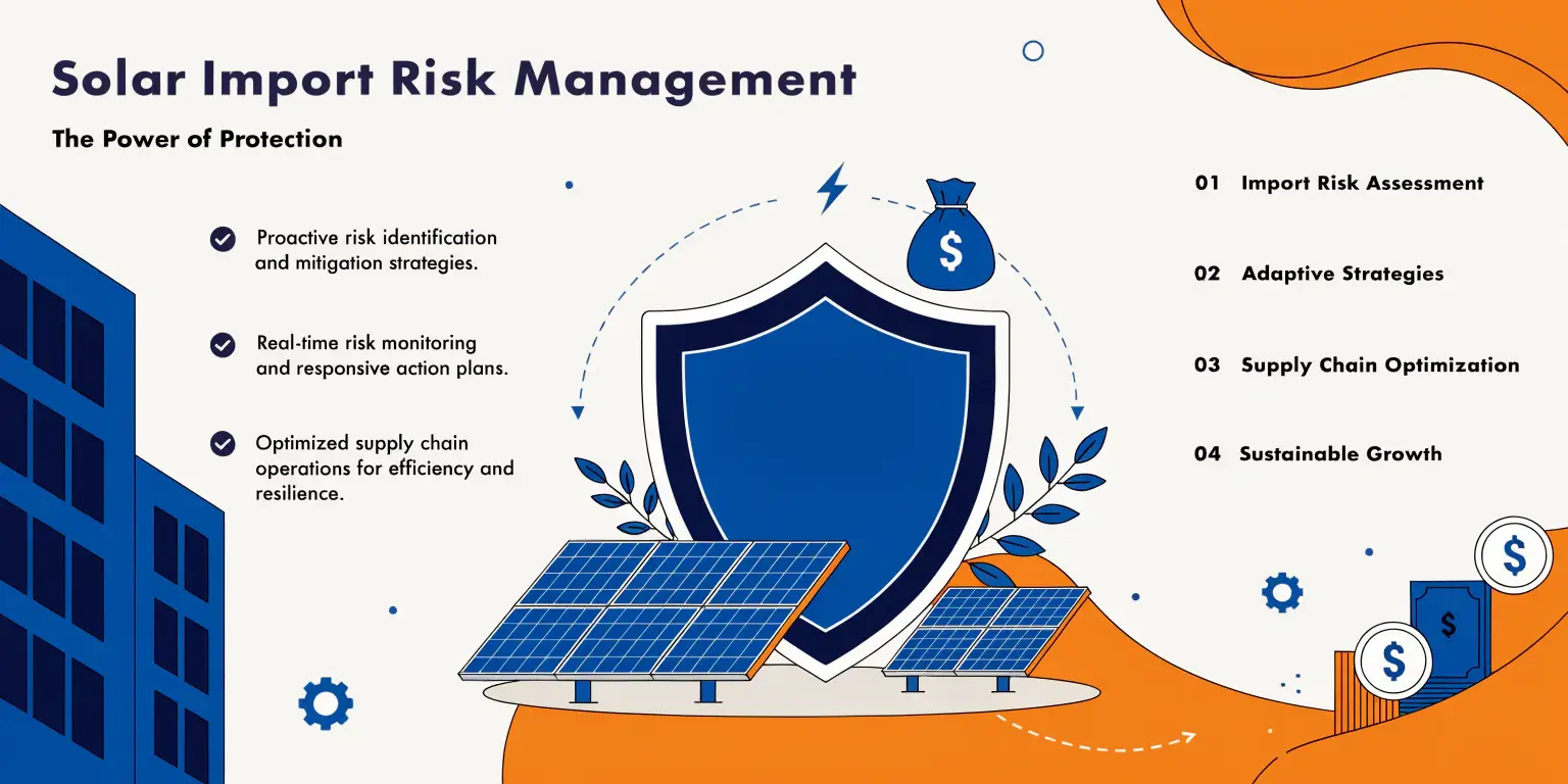 Solar import risk management graphic with shield, panels, and protection strategy steps