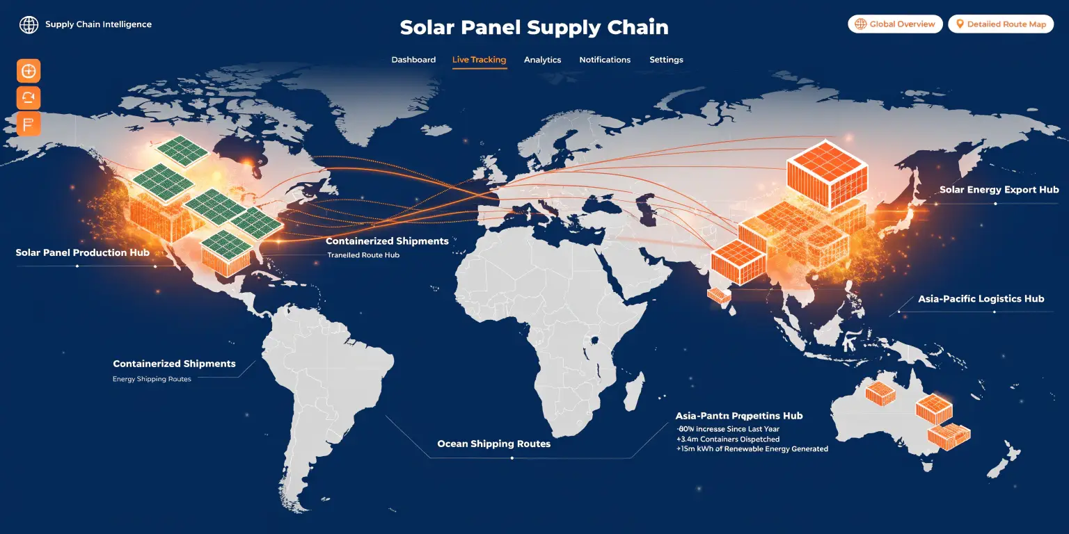 Global solar panel supply chain map highlighting production logistics hubs