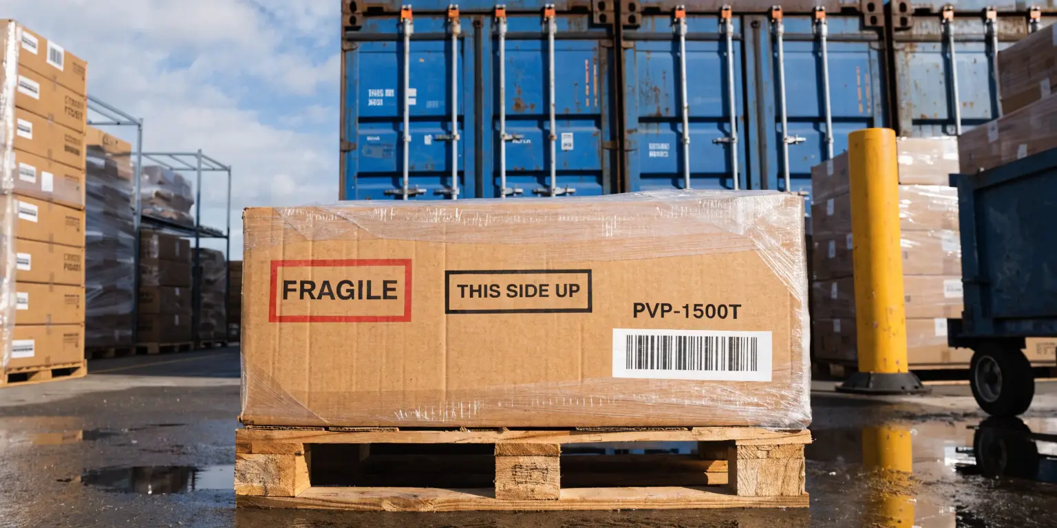 Fragile solar panel shipping box on pallet with barcode label