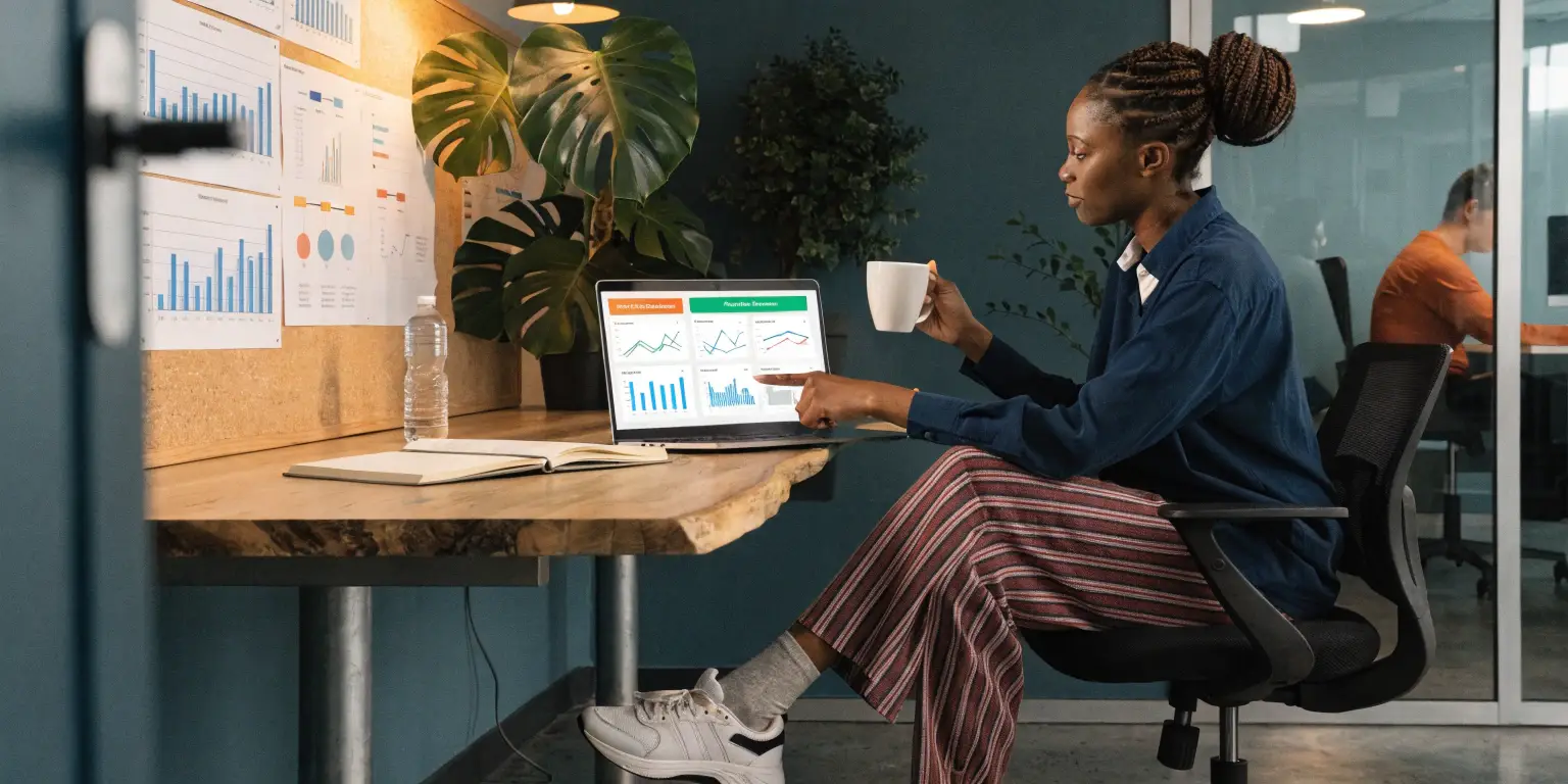Woman reviewing analytics on laptop while holding a mug in an office workspace