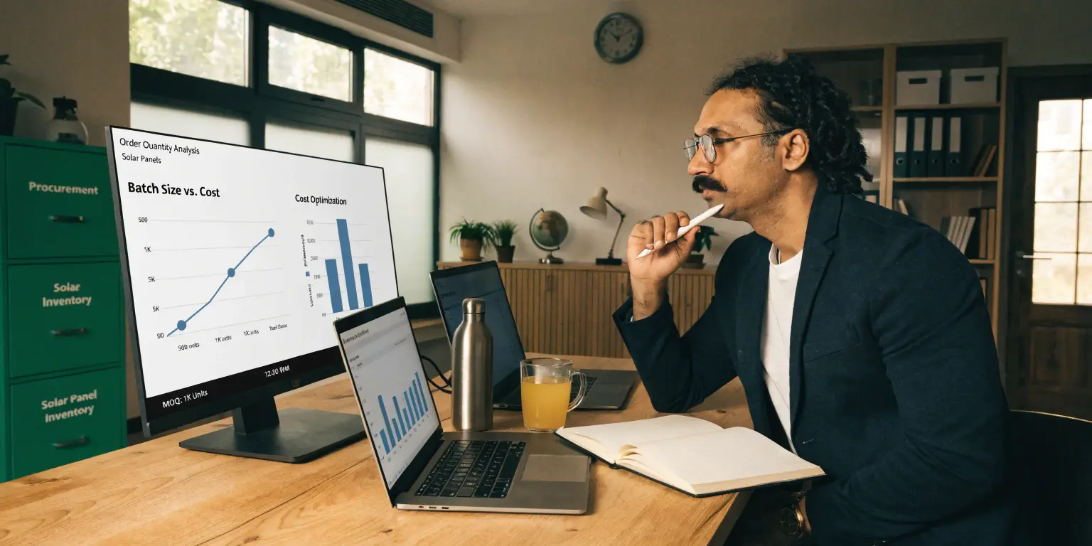 Man reviewing solar panel procurement charts and inventory data at office desk