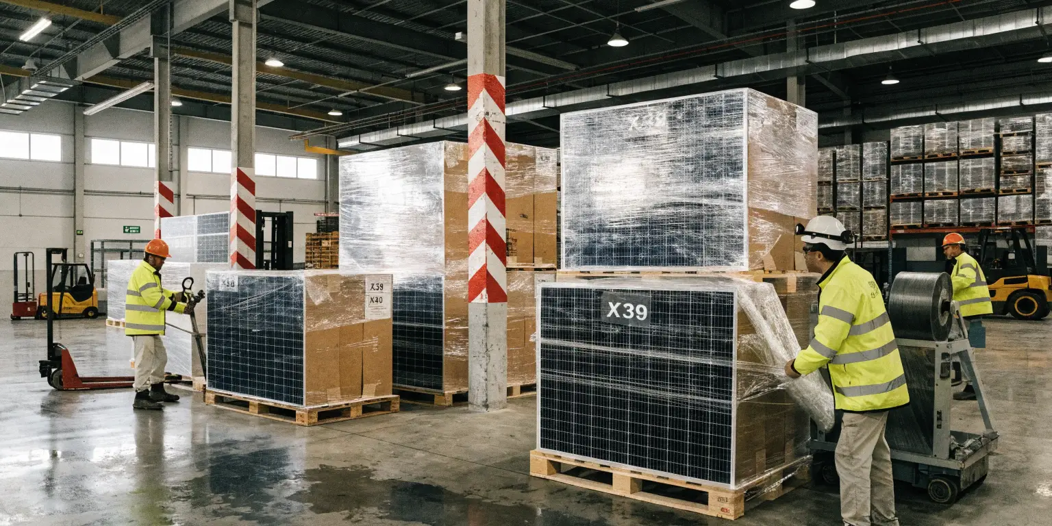 workers wrapping palletized solar panels with protective film in warehouse for export shipment