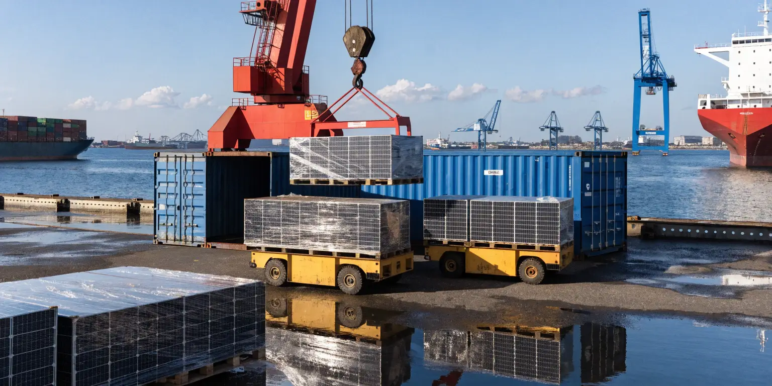 crane loading palletized solar panels into shipping container at seaport logistics terminal