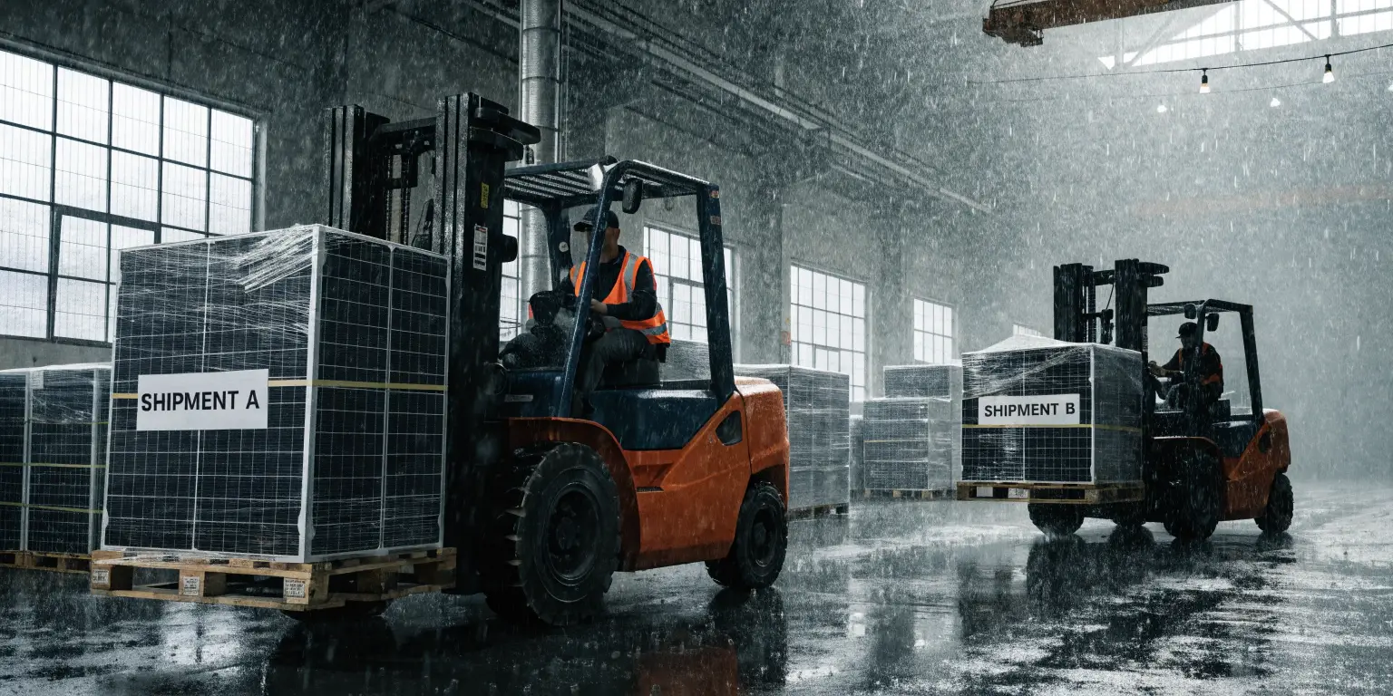 forklift transporting packaged solar panels for shipment in warehouse during rain logistics operation