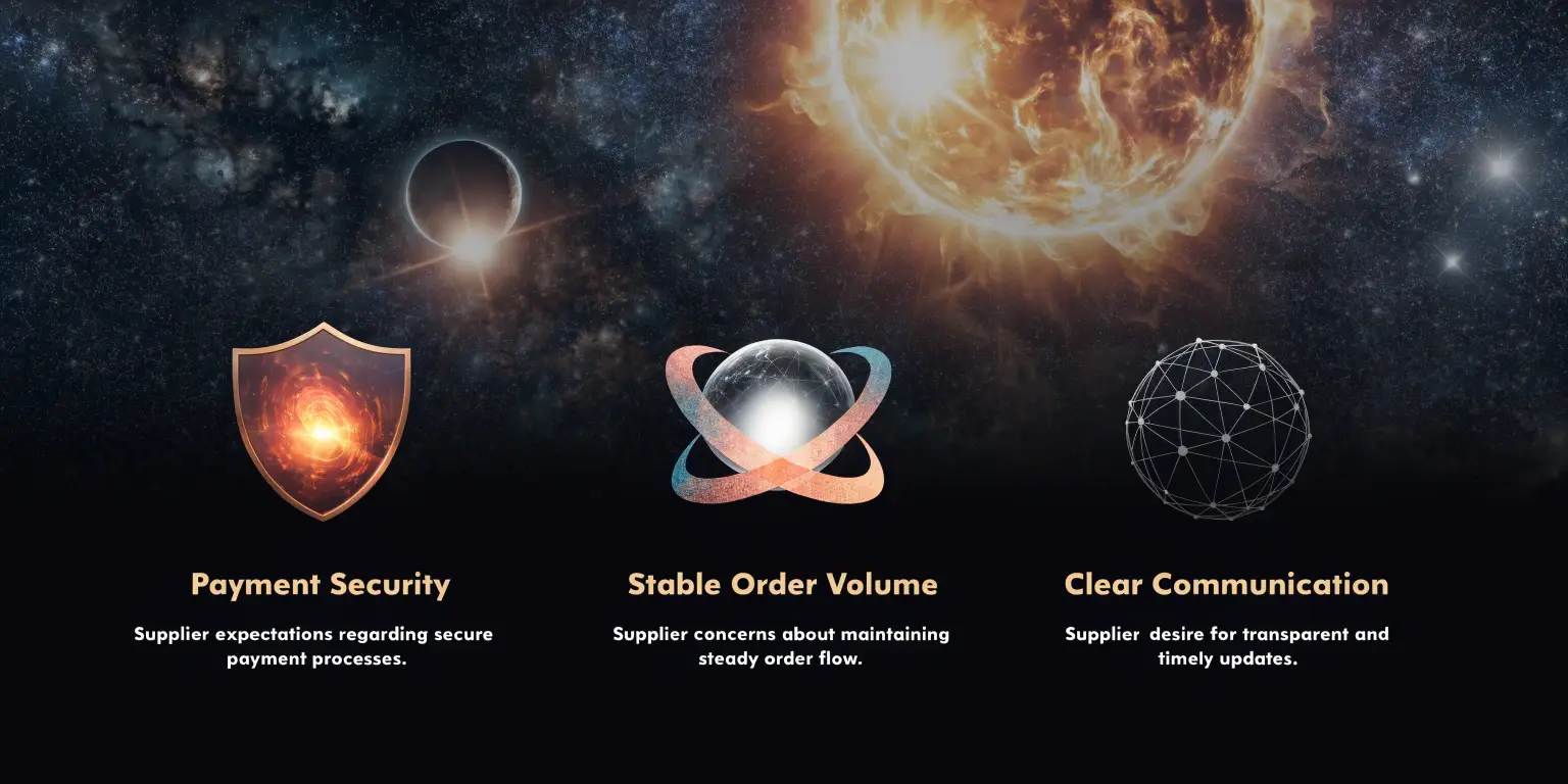 Cosmic energy illustration with payment security, stable order volume, and clear communication