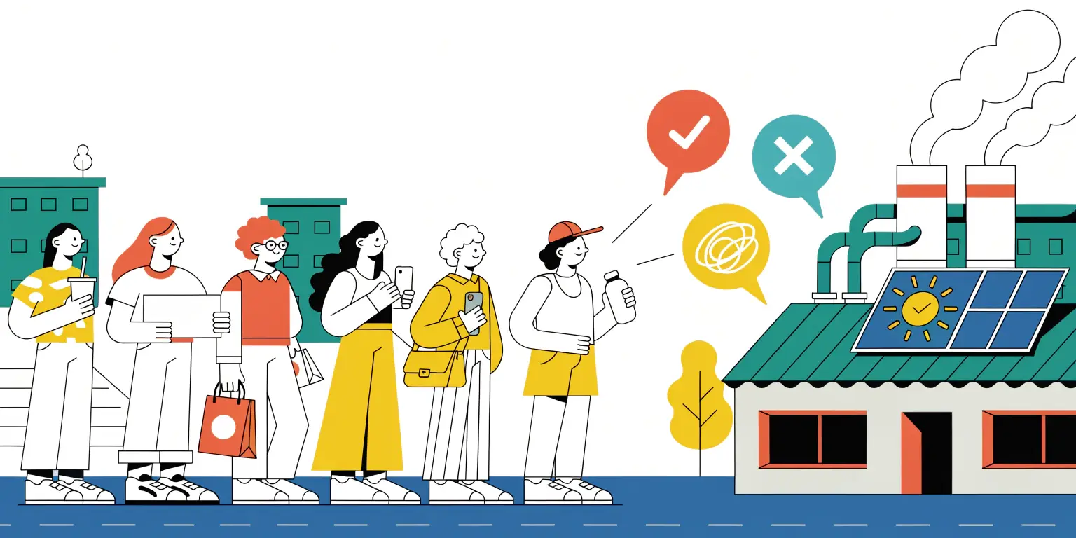 Line drawing of diverse people waiting, rooftop solar vs factory pollution