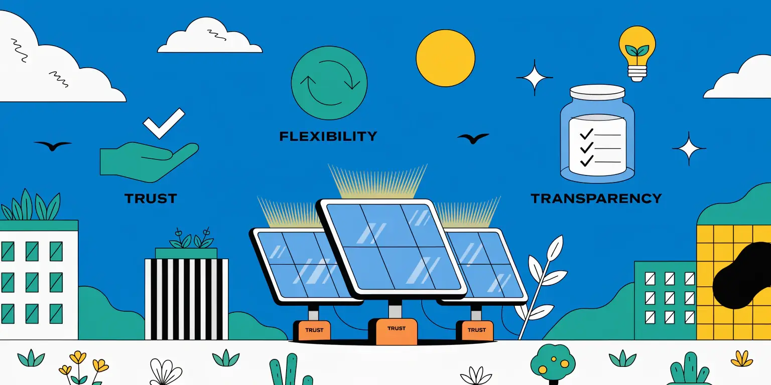 Solar trust flexibility and transparency illustration with panels and global trade icons
