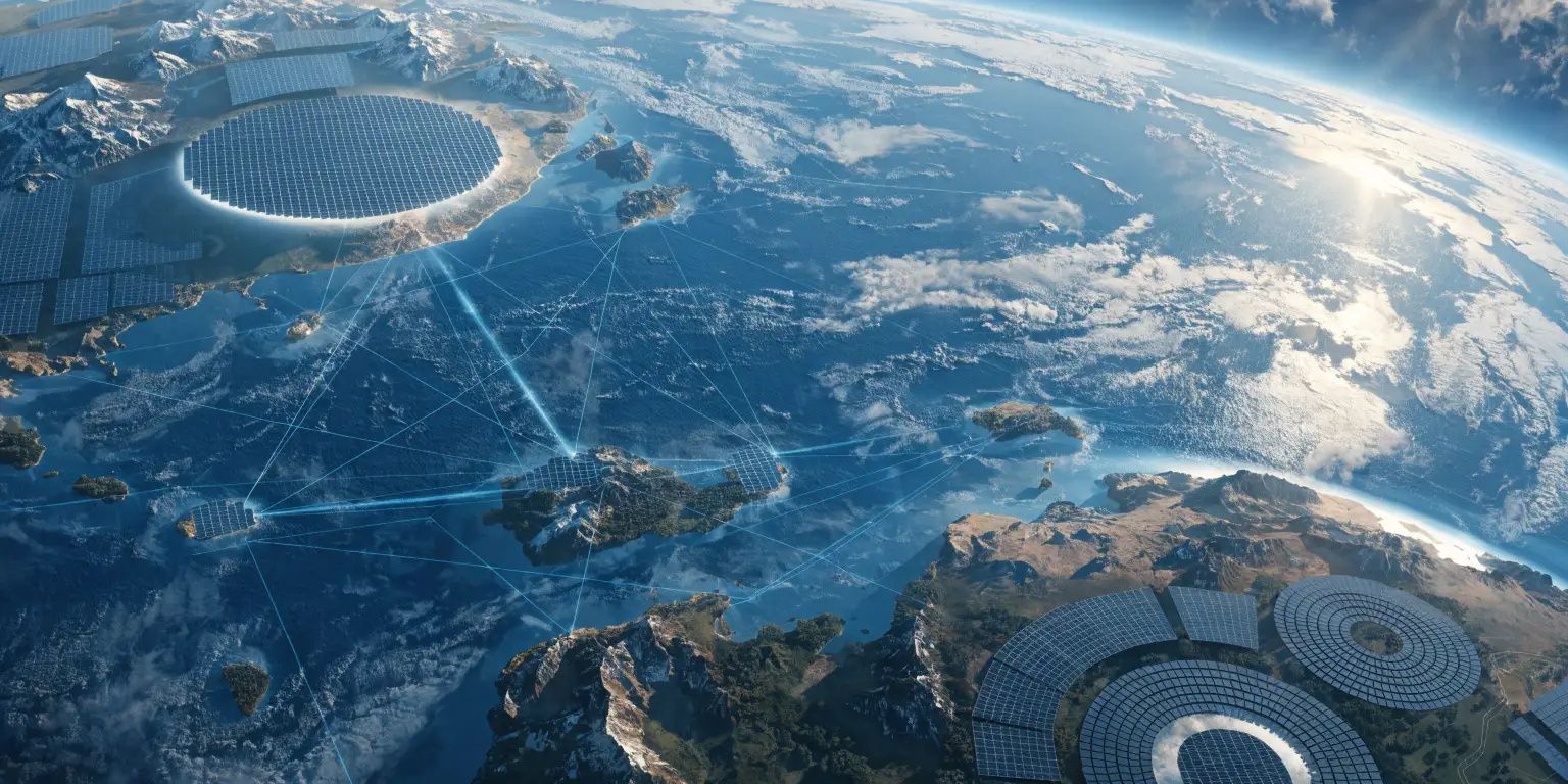 Global solar network concept showing interconnected energy trade across continent