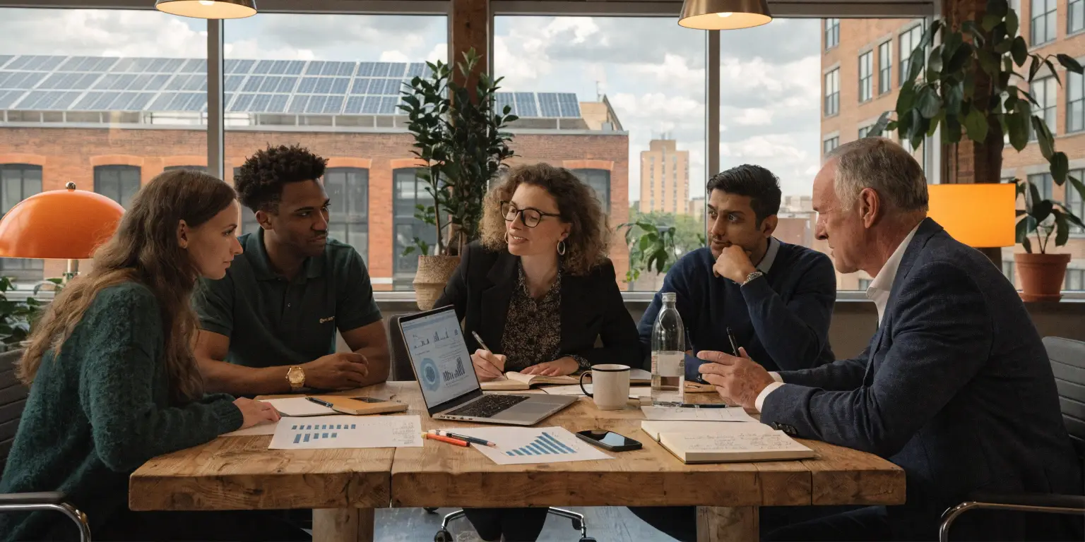 Business team meeting in office with solar panels visible outside
