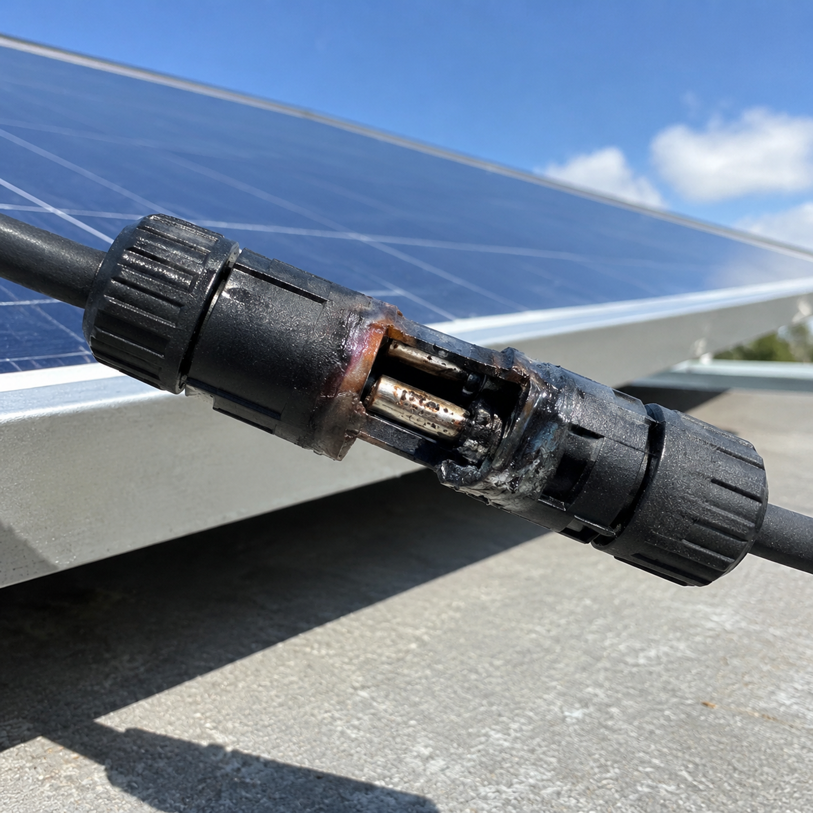 damaged solar connector showing signs of thermal wear from cross-mating MC4 connectors