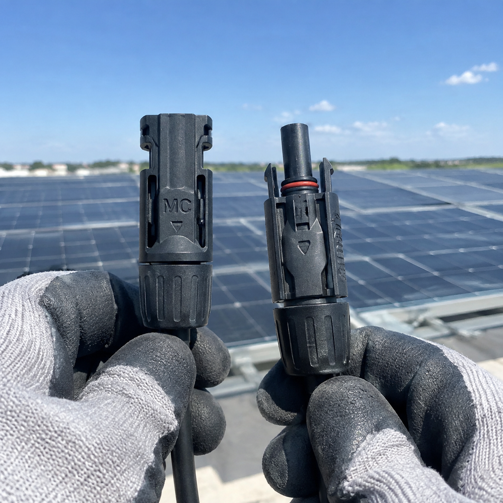 solar panel technician inspecting MC4 connectors