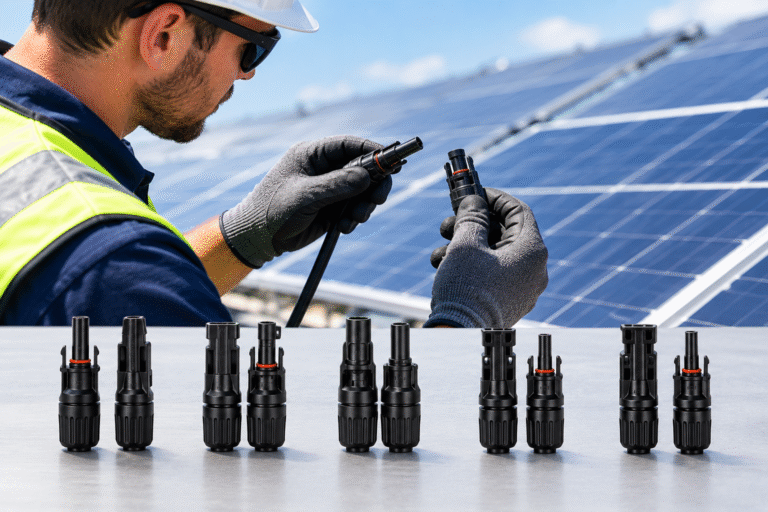 solar panel technician inspecting MC4 connectors